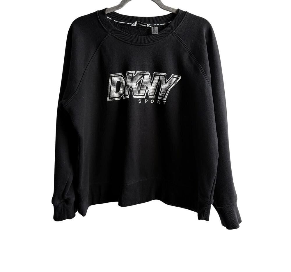 DKNY Sport Black Rhinestone Logo Crewneck Sweatshirt Pullover Fleece XL